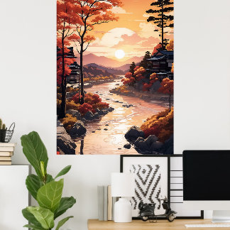 Poster Belo Pôr do Sol de Outono À Beira do Rio