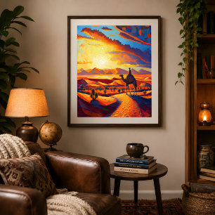 Poster Belo Pôr do Sol Desértico da Hora Dourada & Camelo