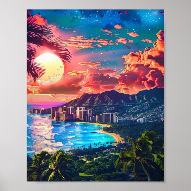 Poster Belo pôr do sol na praia havaiana (Frente)