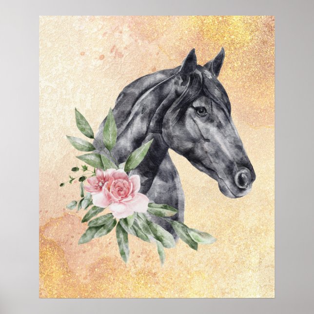 Poster Belo Retrato de Cabeça de Cavalo Negro Aquarela (Frente)