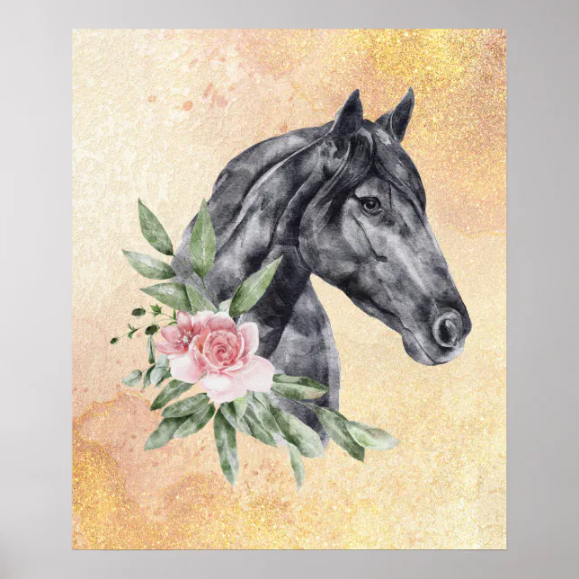 Poster Belo Retrato de Cabeça de Cavalo Negro Aquarela