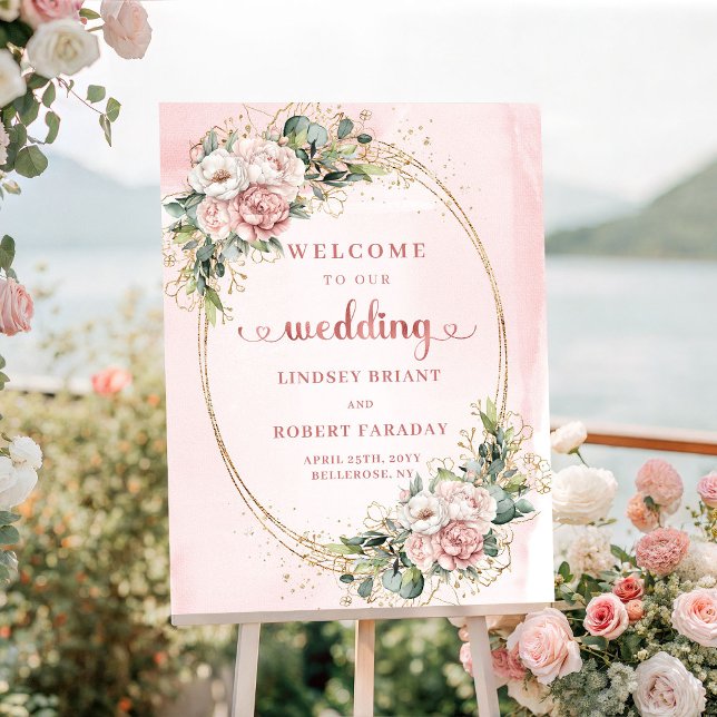 Poster Belo Rosa Floral Casamento Bem-vindo (Beautiful Blush Pink Floral Wedding Welcome)