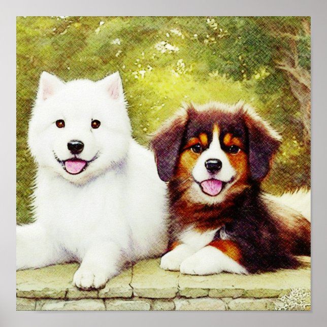 Poster Belo Samoyed & Inglês Shepherd Pups (Frente)