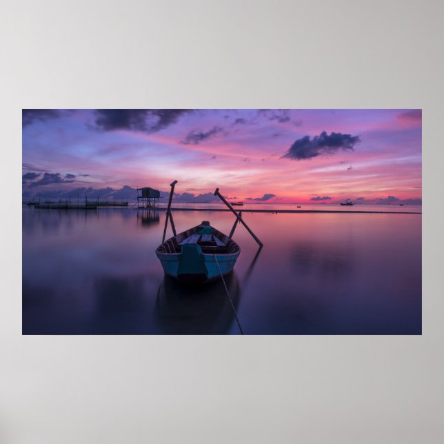 Poster Belo Sunset de Praia com Paddle Boat Purple Sky (Frente)