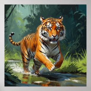 Poster Belo Tigre Correndo na Pintura da Selva
