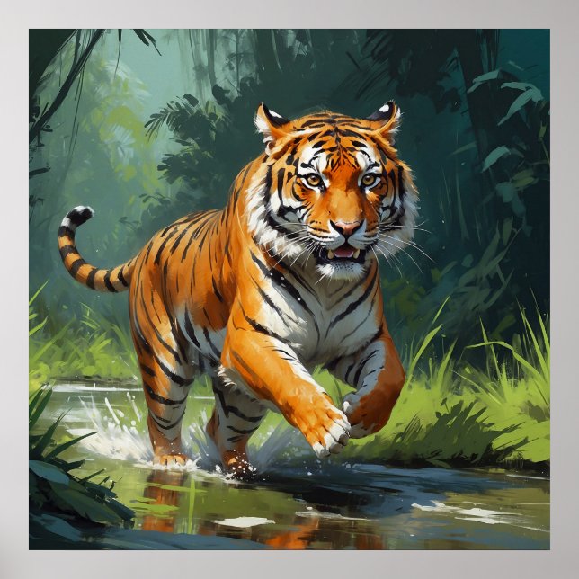 Poster Belo Tigre Correndo na Pintura da Selva (Frente)