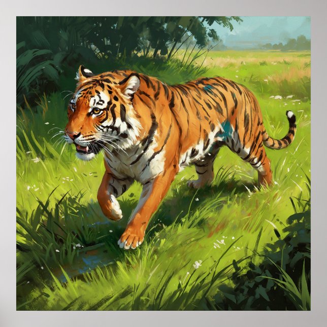 Poster Belo Tigre Laranja Correndo na Selva (Frente)
