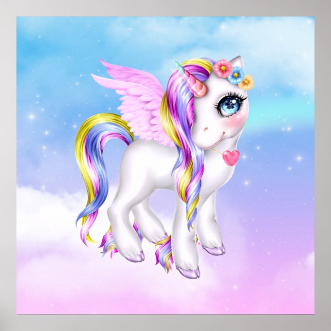 Poster Belo Unicórnio com Rainbow Mane Tail (Frente)