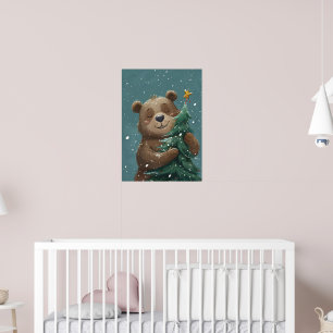 Poster Belo Urso Bonito Abraçando Árvore de Natal