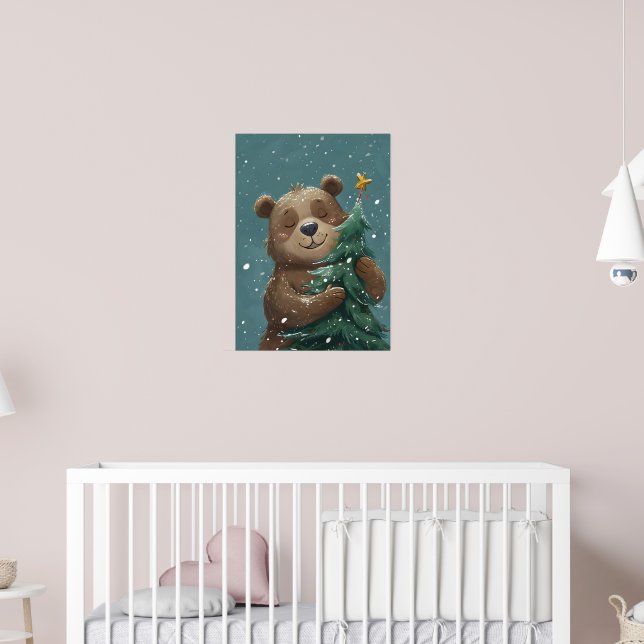 Poster Belo Urso Bonito Abraçando Árvore de Natal (Berçário 2)