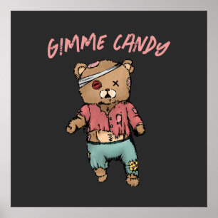 Poster Belo Urso Rosa Zombie Gimme Candy Halloween