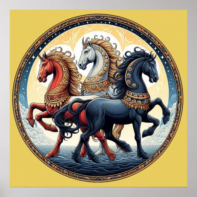 Poster "Belo vermelho místico, branco e cavalos azuis" 7 (Frente)