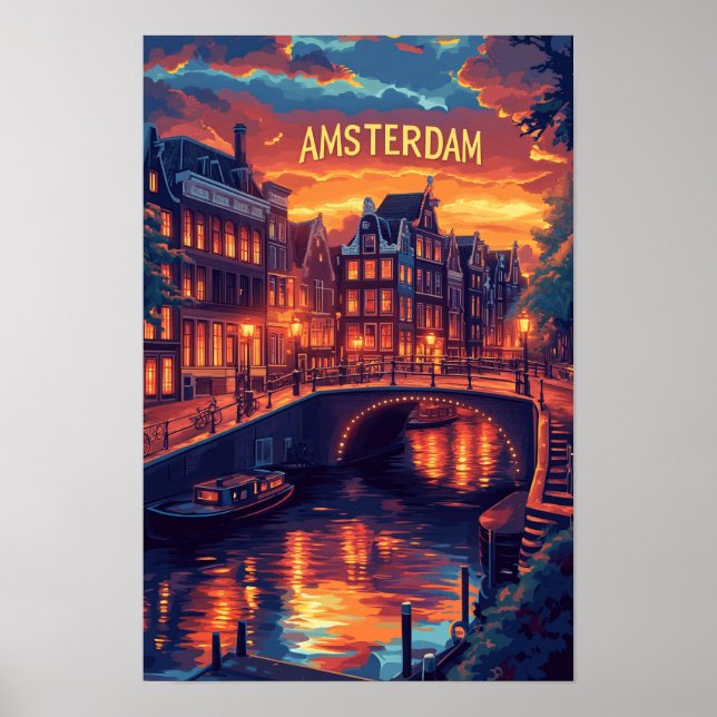 Poster Belo Viagem de Ilustração Vintage de Amsterdã (Frente)