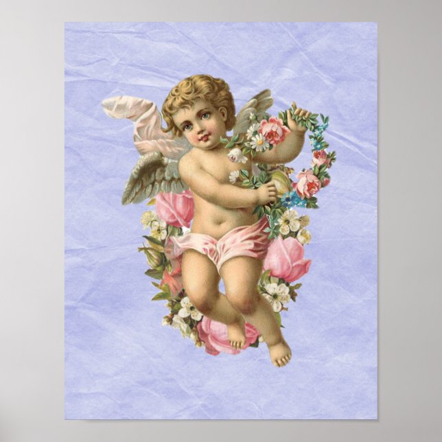 Poster Belo Vintage Cherub / Angel com flores (Frente)