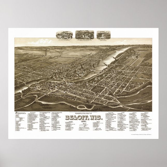 Pôster Beloit, Mapa Panorâmico do WI - 1890 (Frente)
