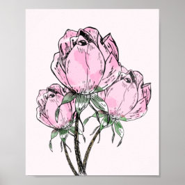 Poster Belos Rosas de Mão Rosa Desenhados
