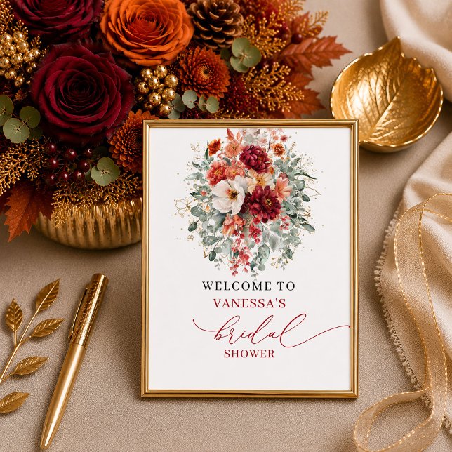 Poster Bem-vinda ao chá de bebê outonal com verde queimad (Burnt orange greenery autumn bridal shower welcome sign

)