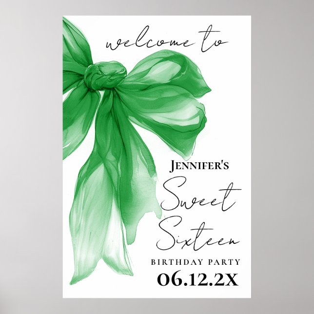 Poster Bem-vinda Green Bow Coquette Script Sweet 16  (Frente)