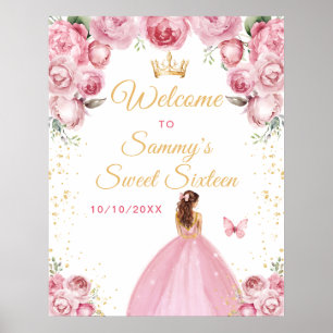 Poster Bem-vinda Princesa de Cabelo Castanho Rosa aos Dez