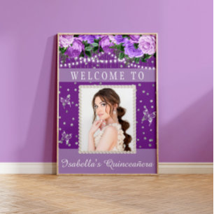 Poster Bem-vinda Quinceañera Roxa Branca Foto Pérolas