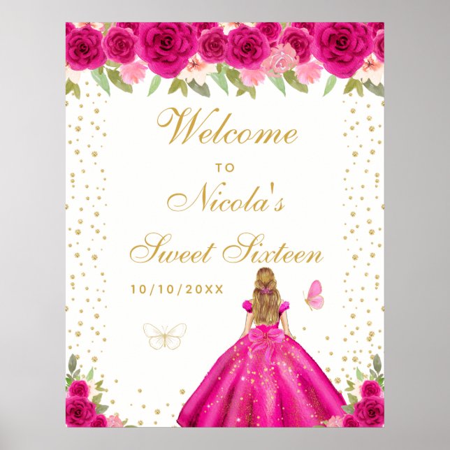 Poster Bem-vindo à Doce Dezesseis com Cabelo Loiro Rosa V (Frente)