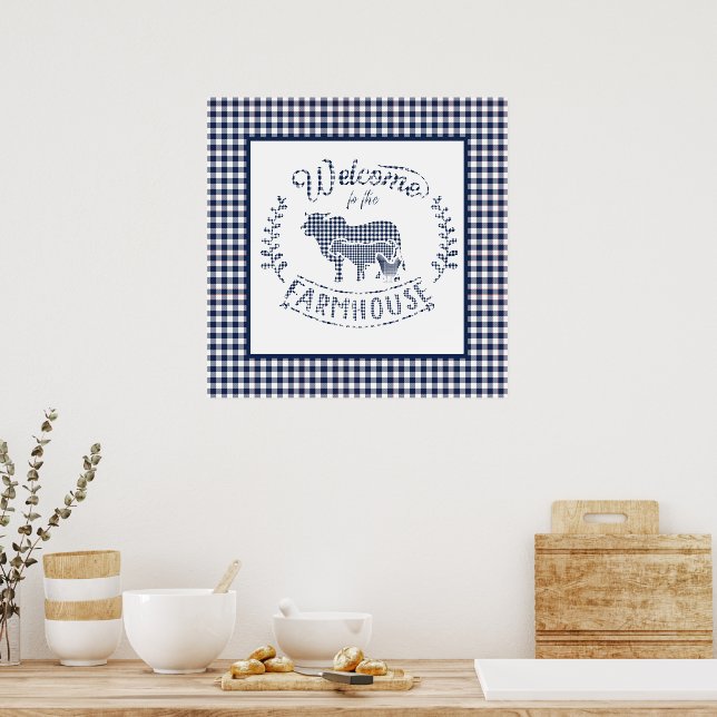 Poster Bem-Vindo À Farmhouse Blue Gingham (Cozinha)