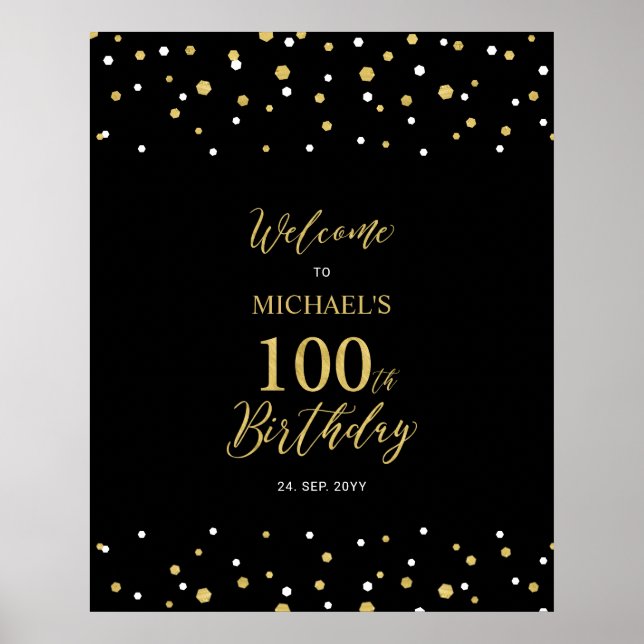 Poster Bem-vindo à festa de 100 anos com confetes dourado (Frente)