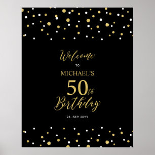 Poster Bem-vindo à festa de 50 anos com Confetes Dourados