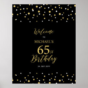 Poster Bem-vindo à festa de 65 anos com Confetes Dourados