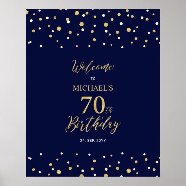 Poster Bem-vindo à festa de 70 anos com Confetes em Doura (Frente)