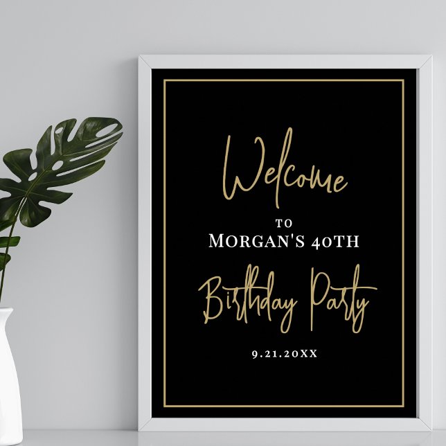 Poster Bem-vindo à Festa de Aniversário Moderna Ouro Negr (Black Gold Modern Birthday Party Welcome Poster)