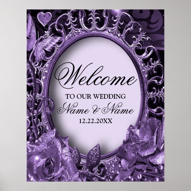 Poster Bem-vindo à Festa de Casamento Quadro Floral Roxo  (Frente)
