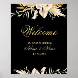 Poster Bem-vindo à Festa de Casamento Rosa Floral Dourado