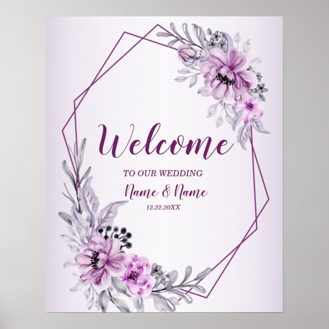 Poster Bem-vindo à Festa de Casamento Rosa Floral Violeta (Frente)