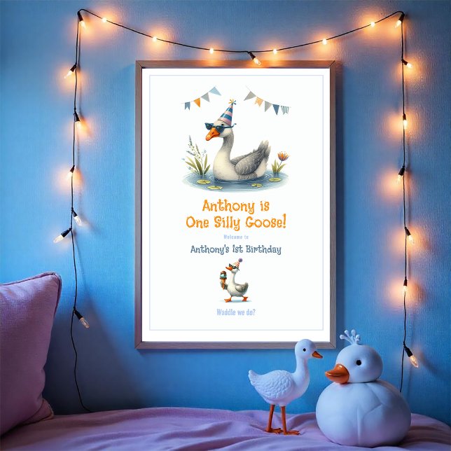Poster Bem-vindo à Festa de Um Ano do Um Ganso Tolo (One Silly Goose First Birthday Party Welcome Poster)