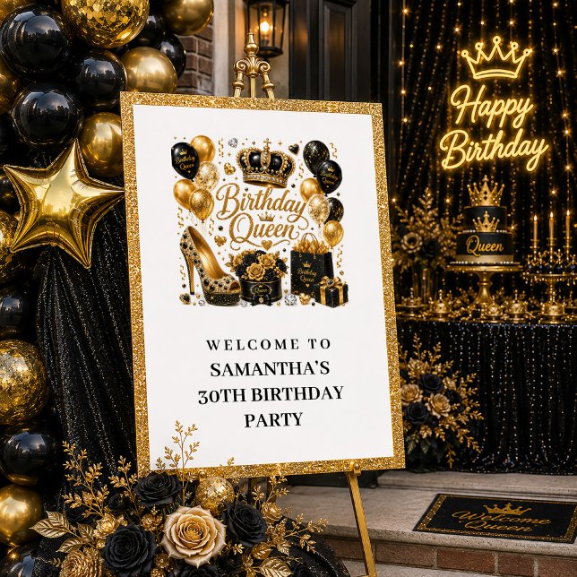 Poster Bem-vindo à Rainha do Aniversário Moderno Preto Do (Modern Black Gold Glitter Birthday Queen Welcome Sign

)