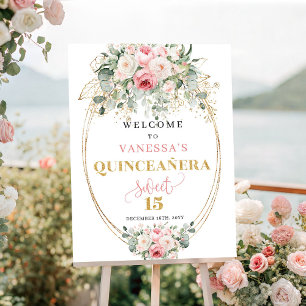 Poster Bem-vindo a uma quinceañera moderna em rosa poeire