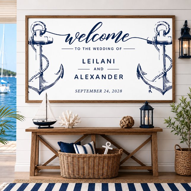Poster Bem-vindo Âncora de Casamento Náutico Branco (Welcome your guests with this nautical anchor design. This can be used as a backdrop for photo ops.)
