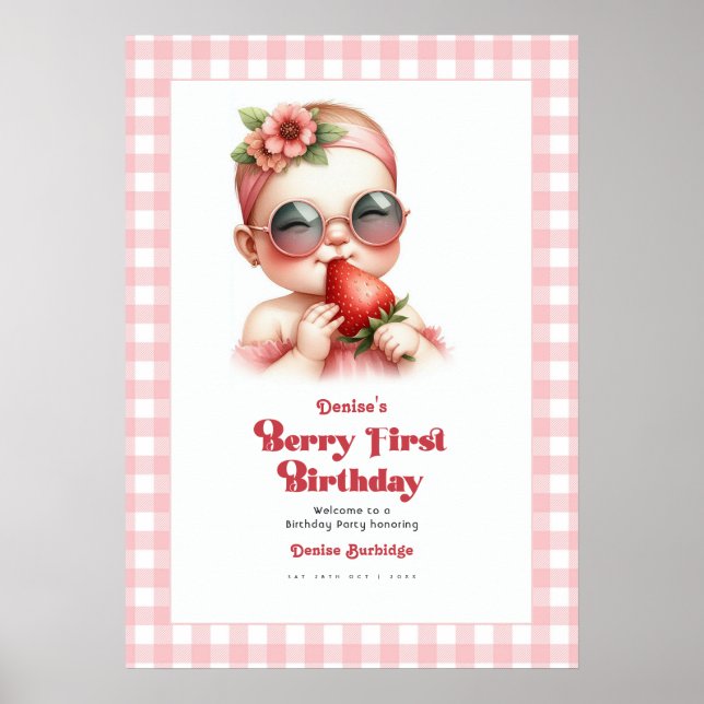 Poster Bem-vindo ao 1º Aniversário Morango Gingham Rosa (Frente)