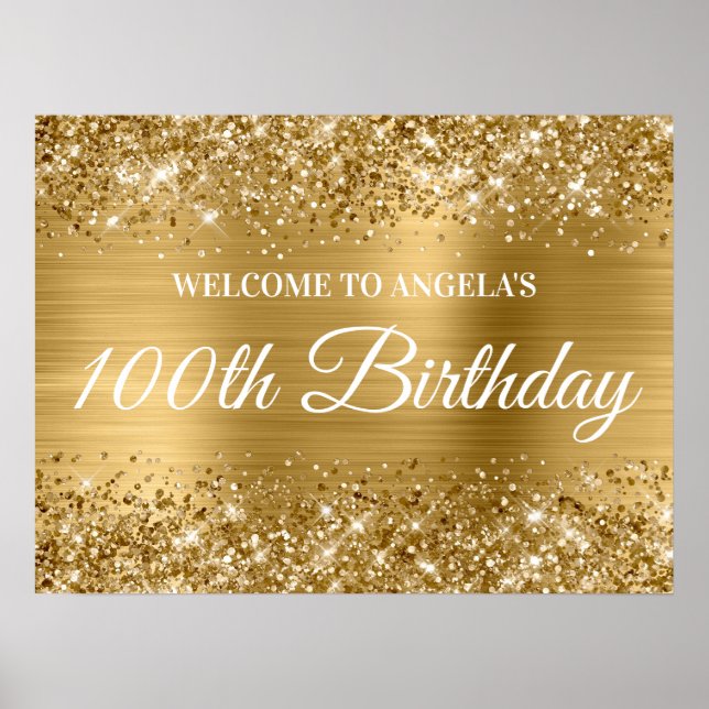 Poster Bem-vindo ao 100º Aniversário com Brilho e Folha D (Frente)