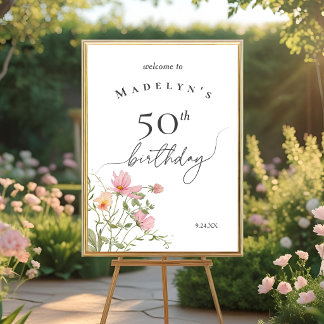Poster Bem-vindo ao 50º Aniversário Feminino com Flores S