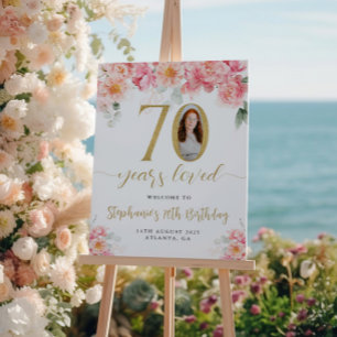 Pôster Bem-vindo ao 70º Aniversário Floral Rosa e Dourado