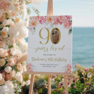 Pôster Bem-vindo ao 90º Aniversário Floral Rosa e Dourado