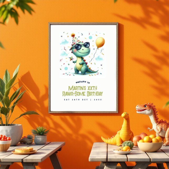 Poster Bem-vindo ao Aniversário do Dinossauro Custom Rawr (Custom Rawr-Some Dinosaur Birthday Welcome Poster)