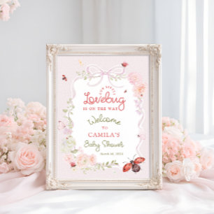 Poster Bem-vindo ao Bug do Amor Rosa Floral Baby Shower 
