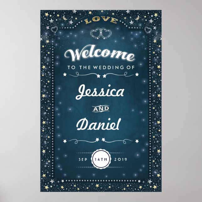 Pôster Bem-vindo ao Casamento 24x36 Teal Dourado Hearts & (Frente)