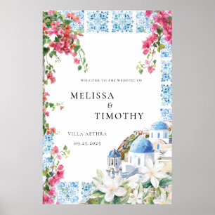 Poster Bem-vindo ao Casamento com Azulejo Floral Mediterr