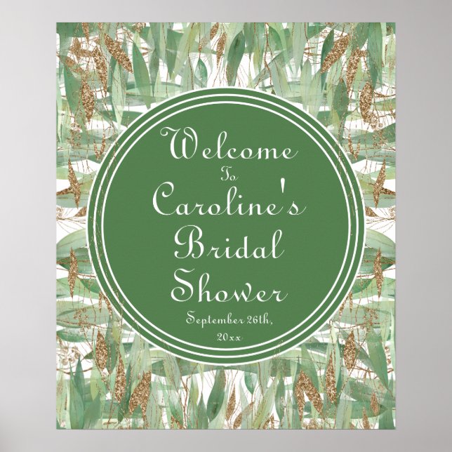 Poster Bem-vindo ao casamento com brilho dourado e verde  (Frente)