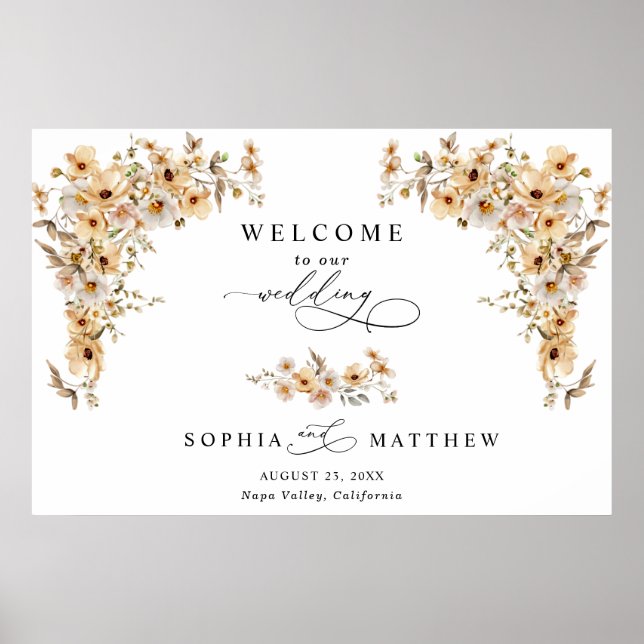 Poster Bem-vindo ao Casamento com Flores Silvestres Bege (Frente)
