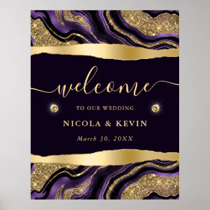 Poster Bem-vindo ao Casamento com Folha de Purple e Brilh